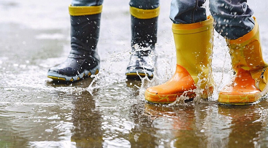 Cleanup workers move through standing water during emergency flood restoration.