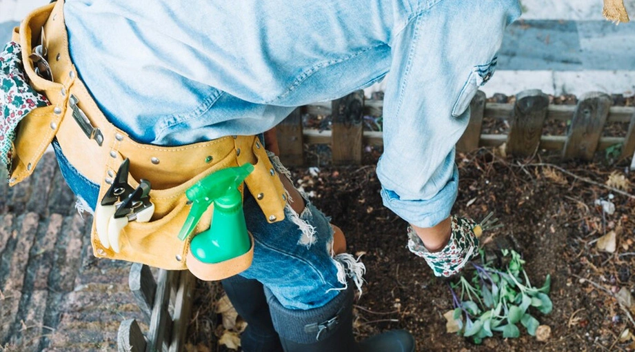 Worker using a sprayer beside a property, representing sewage cleanup services.