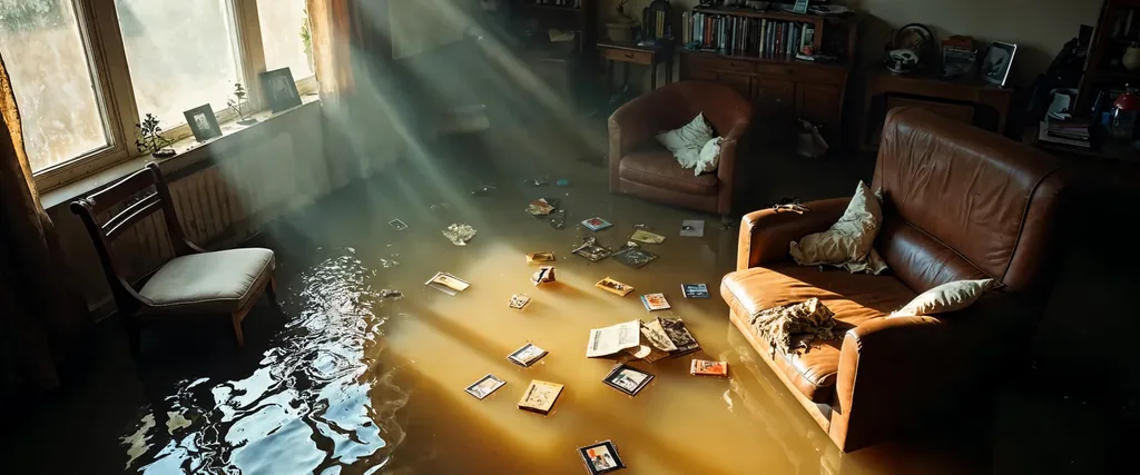 Floodwater covers a living room floor, illustrating residential water damage restoration in San Diego.