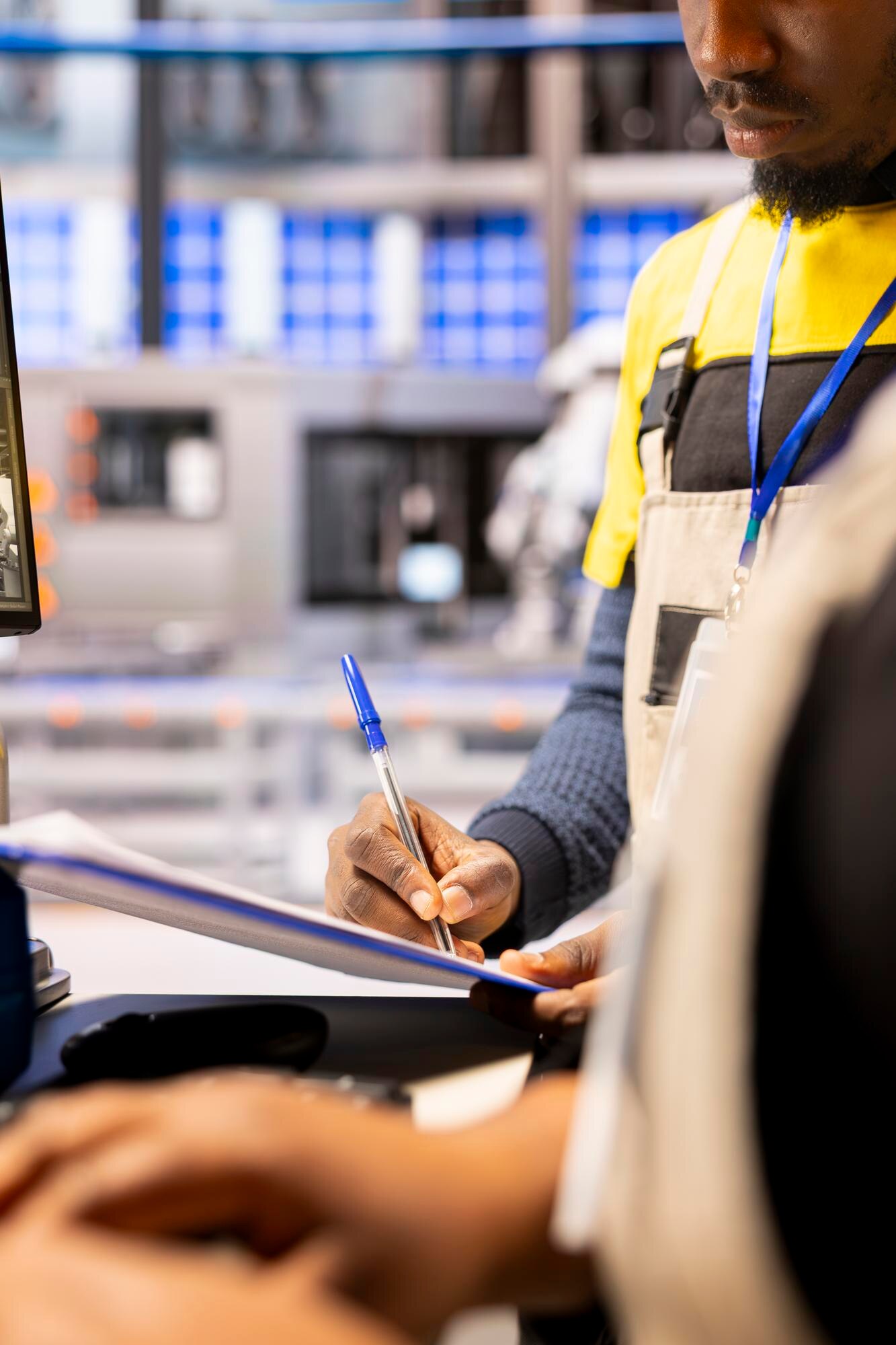 Engineers review an industrial CAD design, illustrating commercial property restoration expertise.