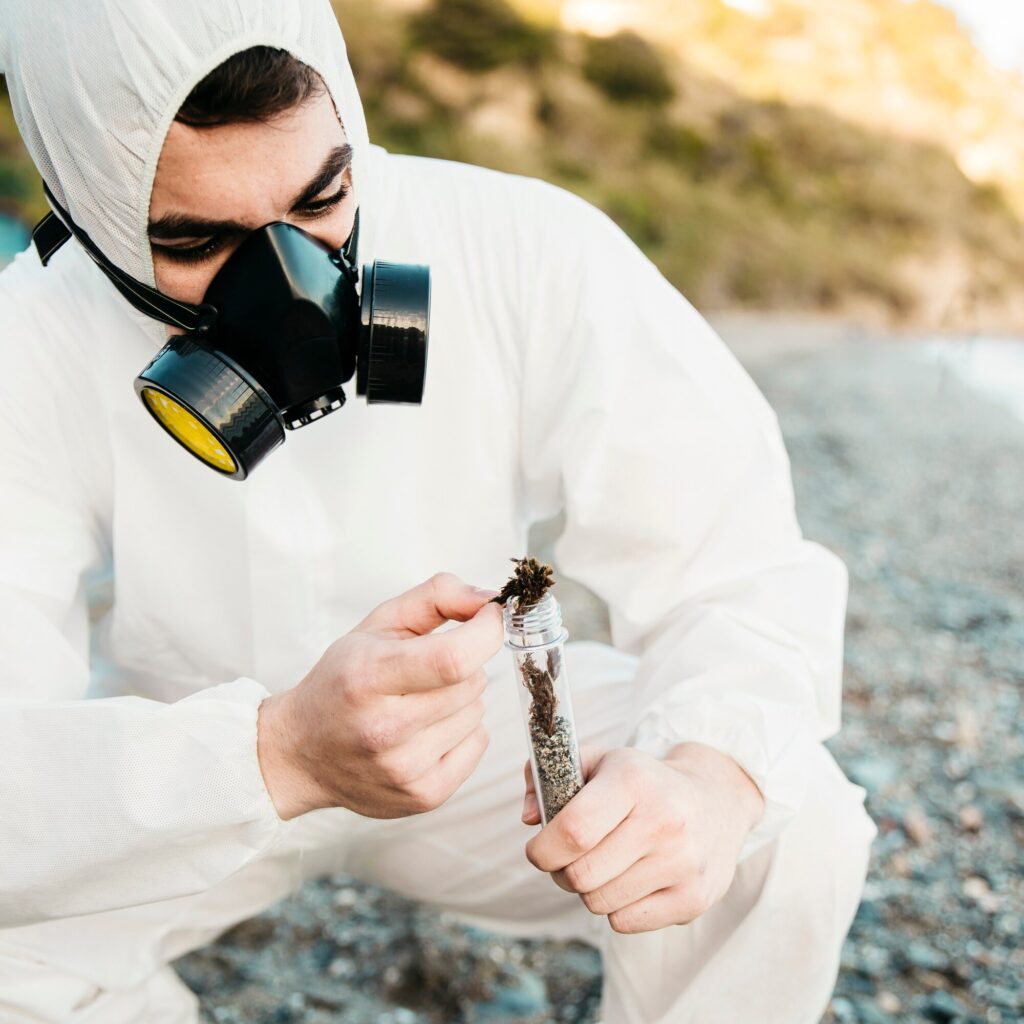 Beach water being analyzed for contamination, relevant to floodwater and property cleanup.