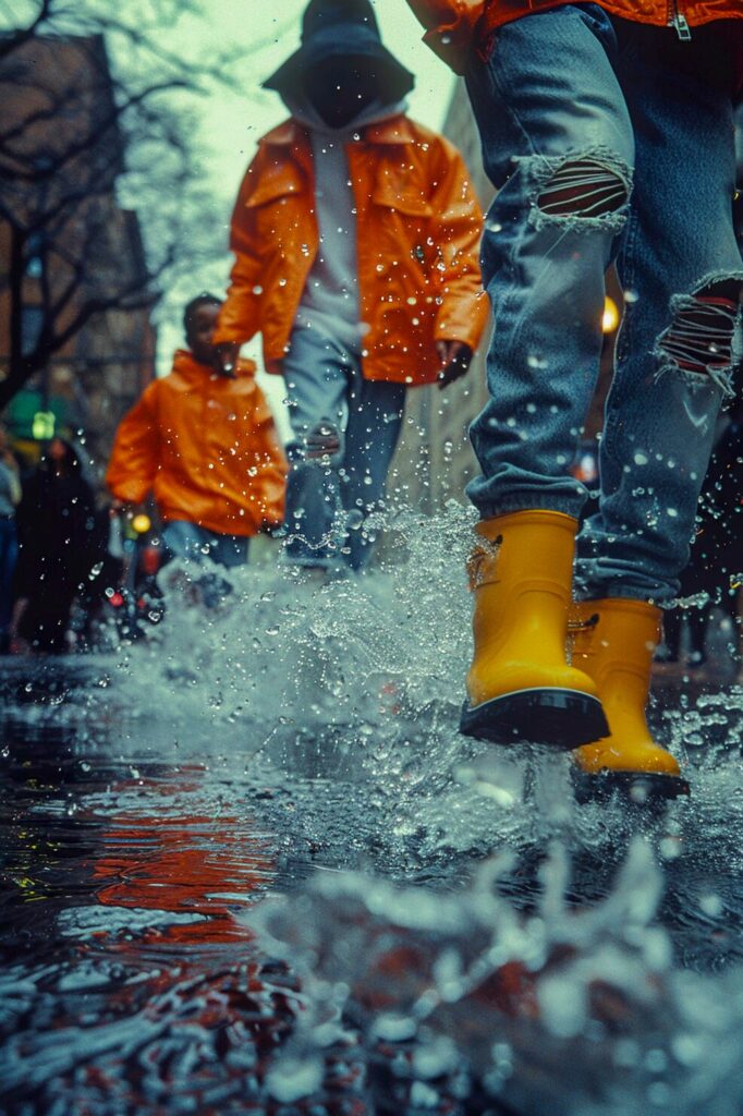 Children playing in rain puddles, illustrating stormwater cleanup concerns for local properties.